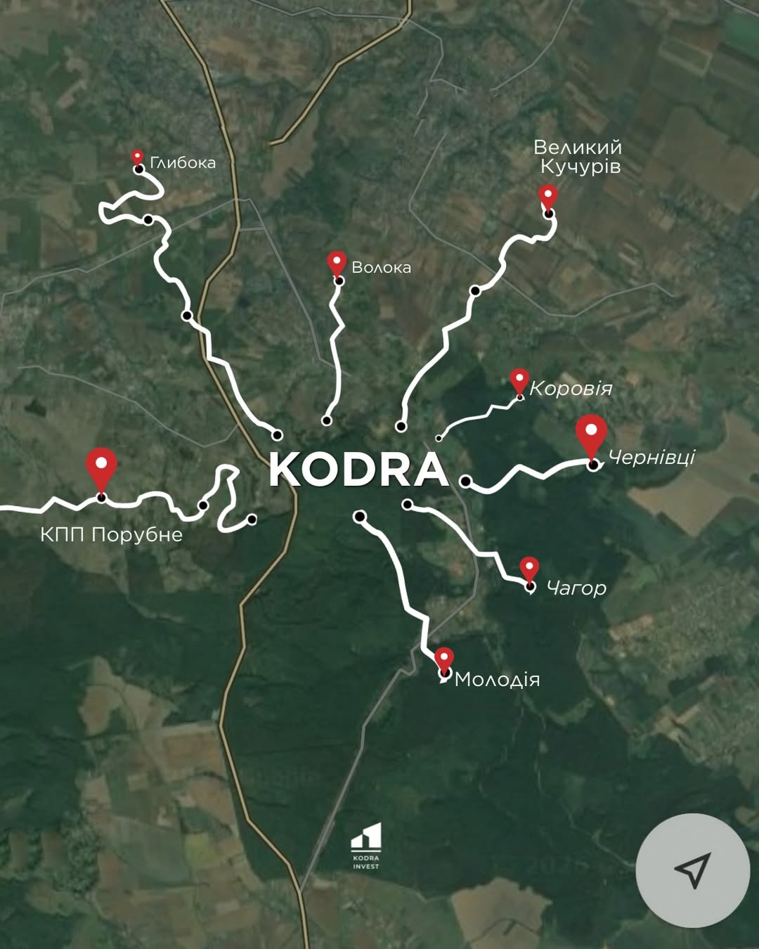 Мапа KODRA з точками: Чернівці, КПП Порубне, Глибока, Великий Кучурів, Волока, Коровія, Чагор, Молодія